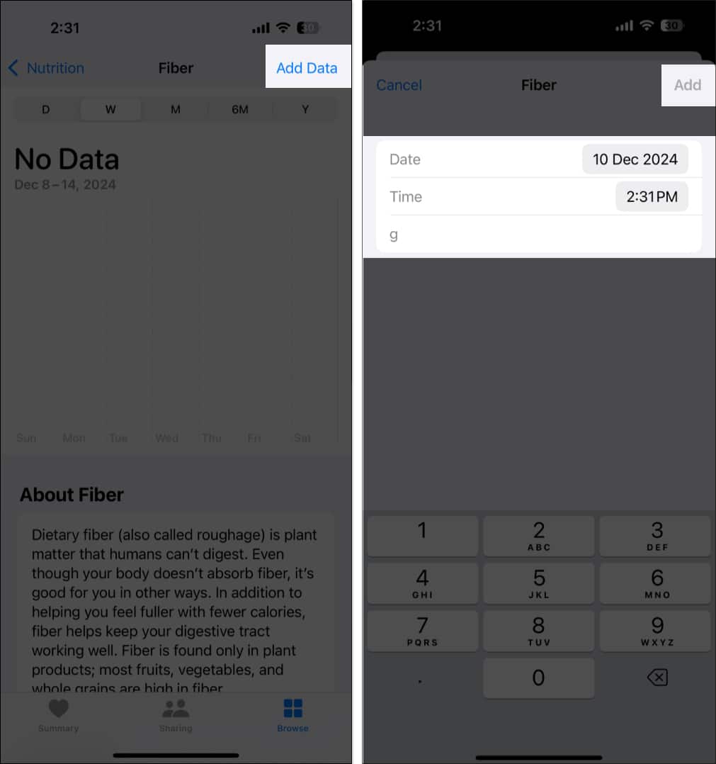 Adding nutrition data on the iPhone Health app.