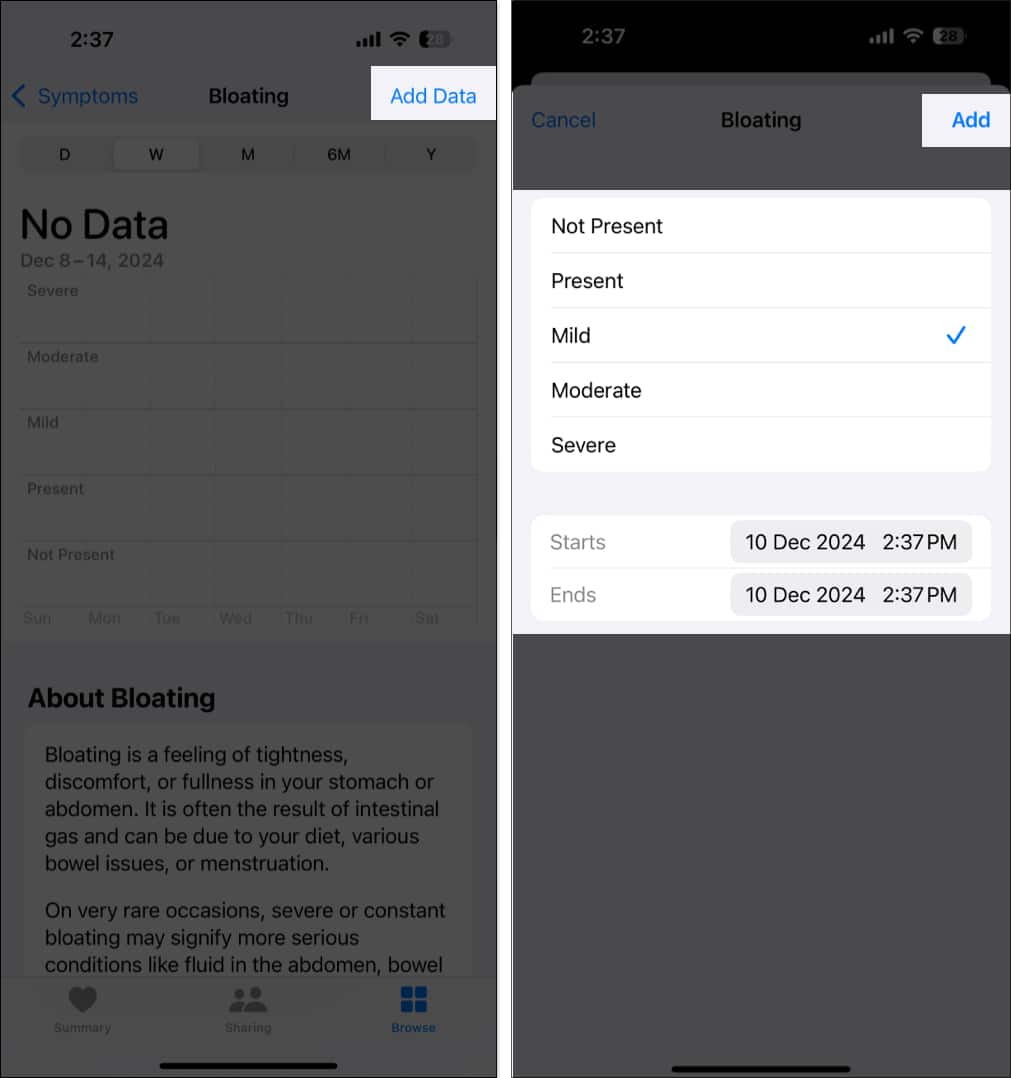 Adding symptoms data in the Health app on an iPhone.