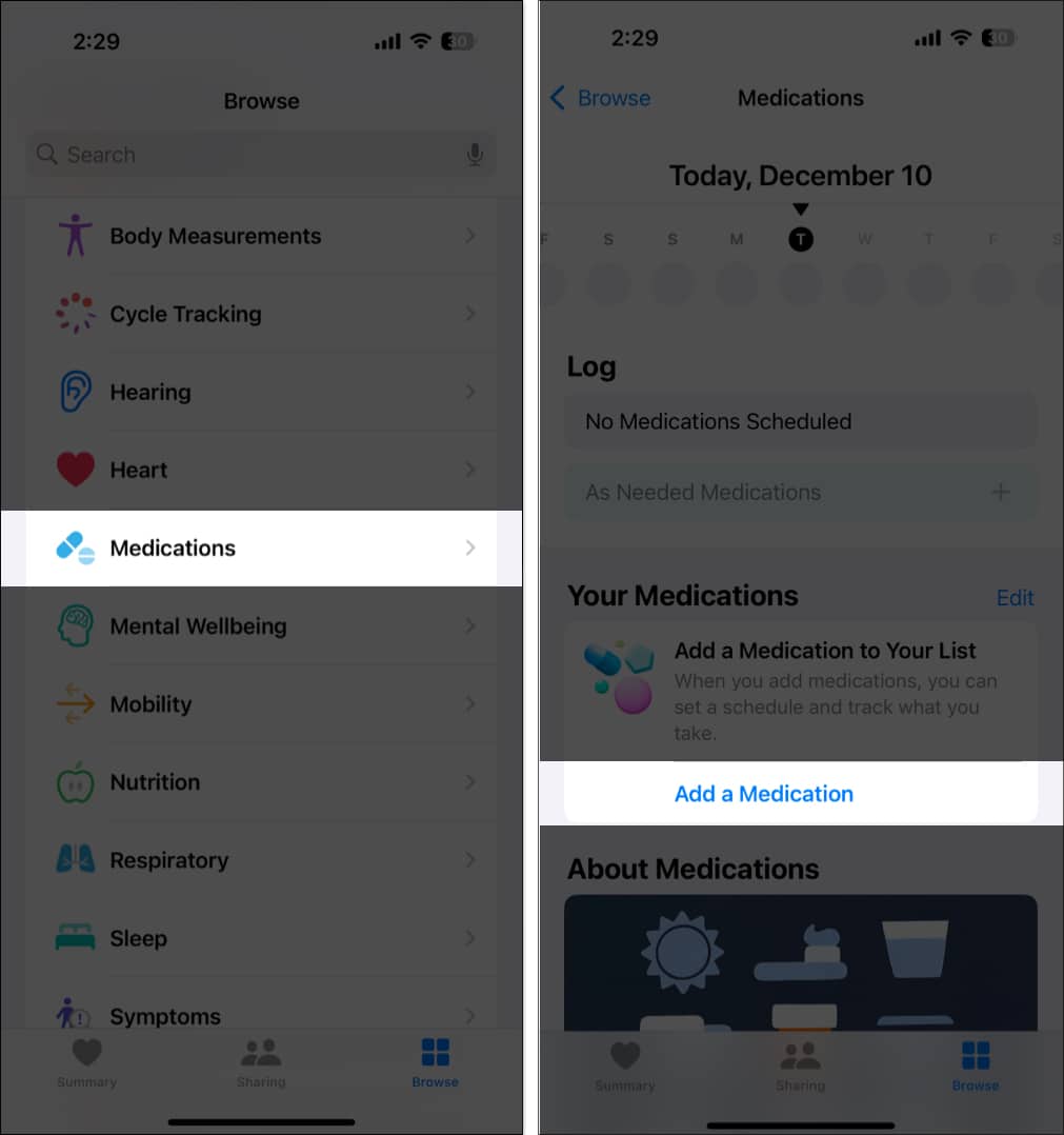 Add a Medication option under Medications in the Health app on an iPhone.