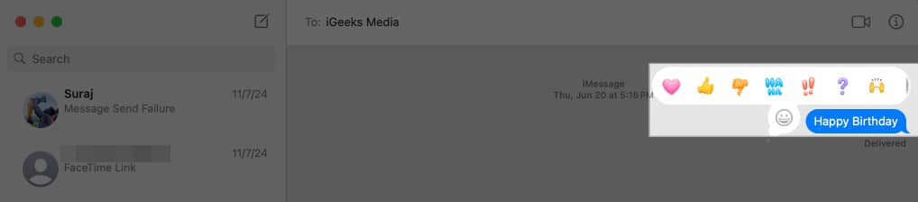 Adding a Tapback reaction to a message on a Mac.