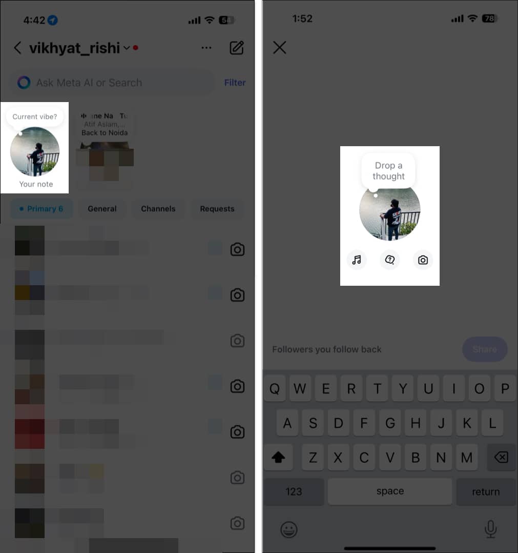 Adding a new note in Instagram on iPhone.