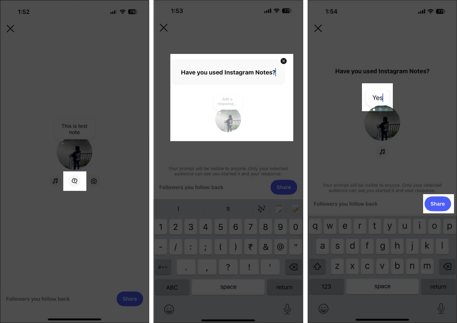 Adding a question and its response on Instagram Note by selecting prompt button.