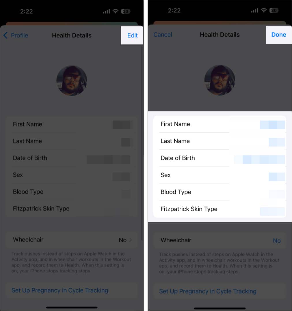 Adding health details in the Health app to set up a Health profile on an iPhone.