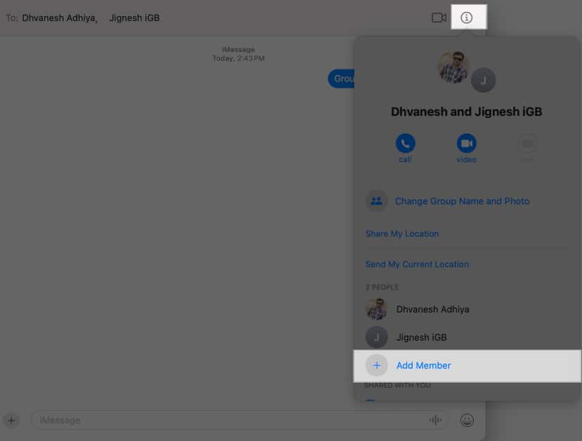 Adding a new member to a group chat in the Messages app on a Mac.