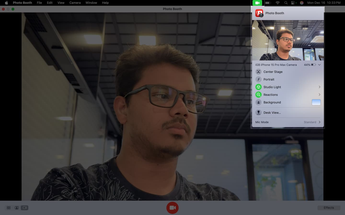 Recording a video using an iPhone in the Photo Booth app on a Mac.