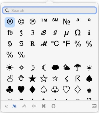 macOS Character Viewer on a Mac showing all the different special characters.