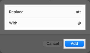 Setting up a Text Replacement shortcut in macOS.