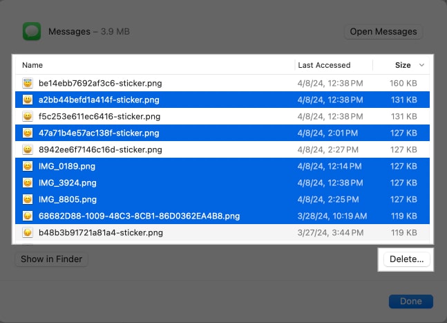 Selecting attachments for deletion in macOS System Settings.