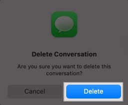 Delete Conversation prompt confirming deletion of a conversation thread in the Messages app on a Mac.