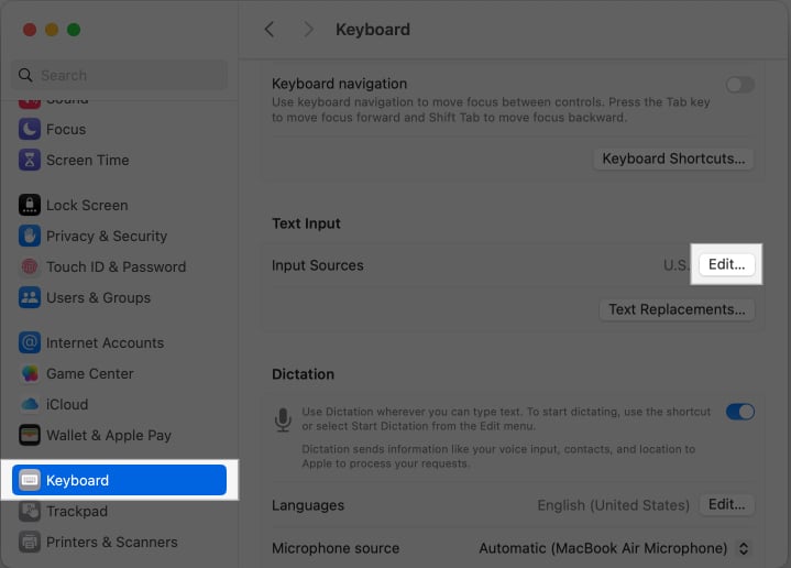 Editing Input Sources on a Mac.