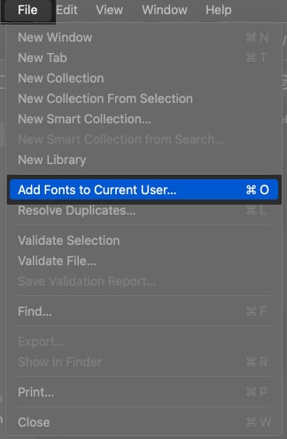 Using the Add Fonts to Current User option in the Font Book app File menu to add a new font.