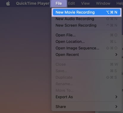 Creating a new movie recording using the QuickTime Player on a Mac.