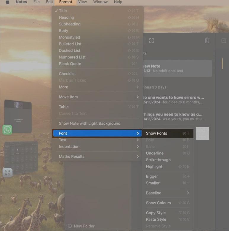 Accessing the newly-installed font in the Notes app on a Mac.
