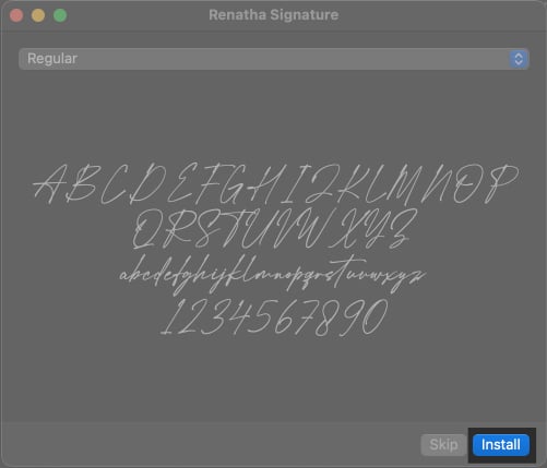 Installing a new font in the Font Book app on a Mac.