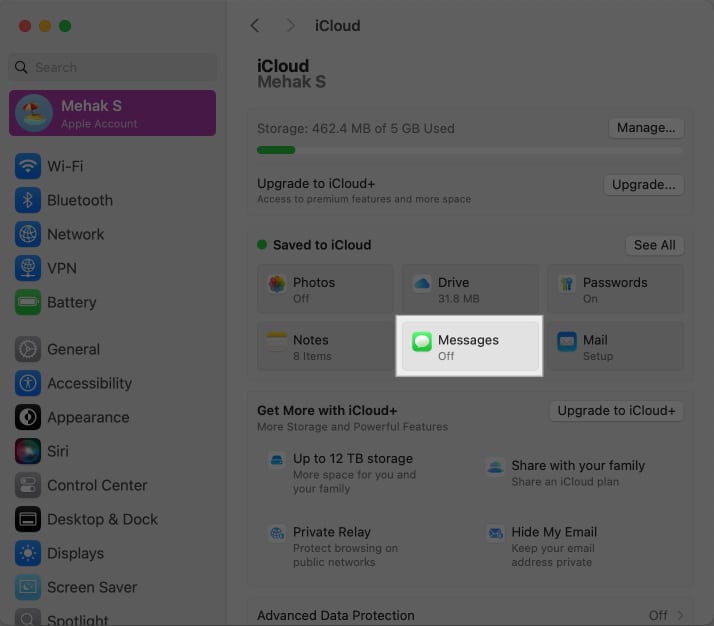 Accessing the Messages option under Save to iCloud on a Mac.