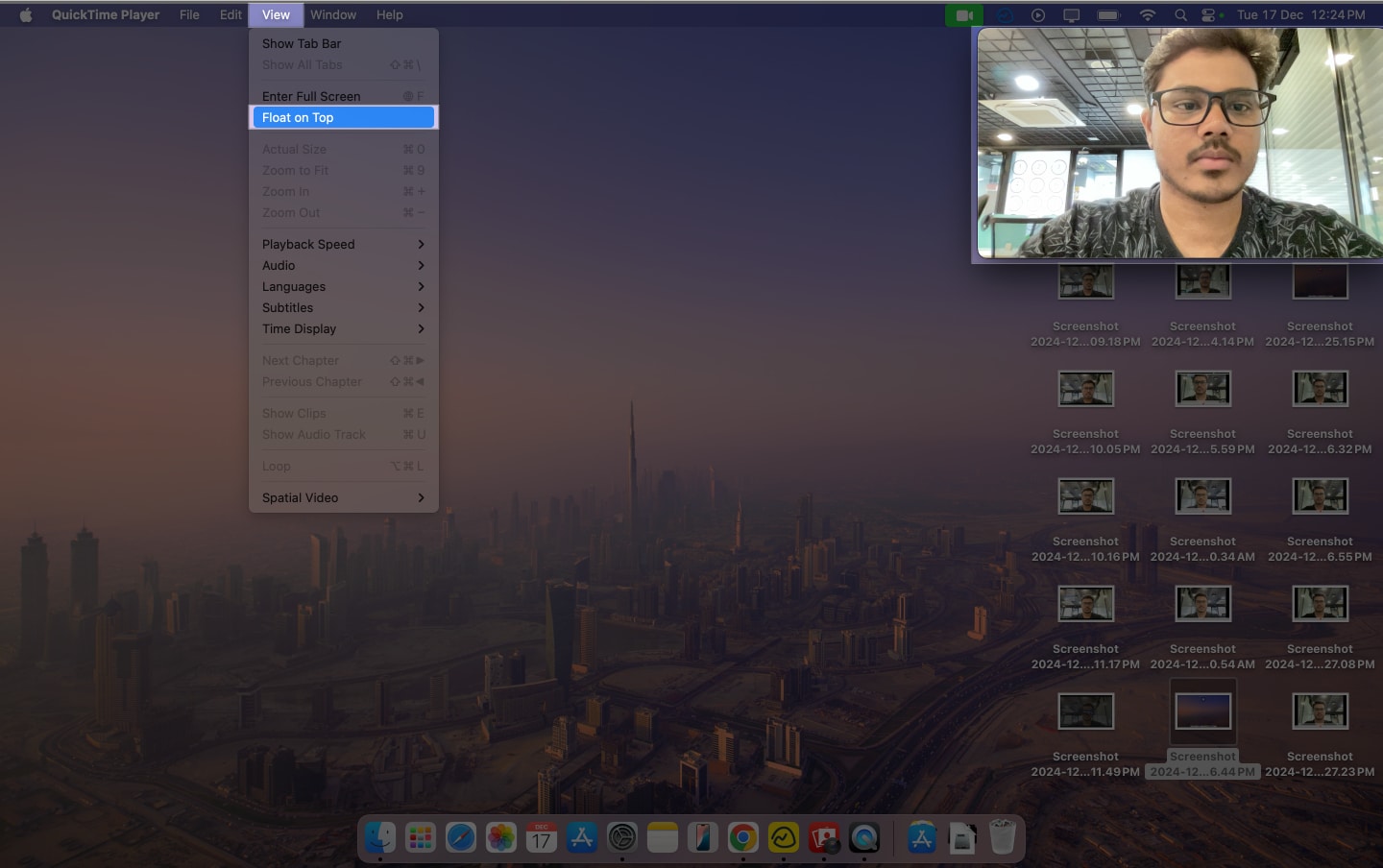 Making Quick Time Player window float on top on a Mac.