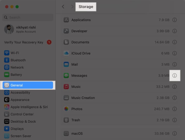 i button next to the Messages app in macOS Storage settings.
