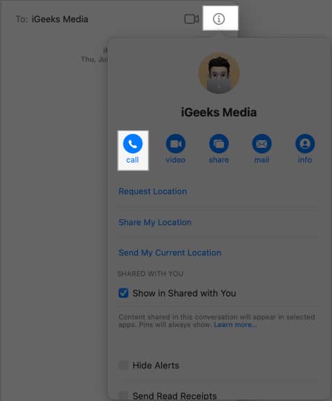 Call option in a conversation in the macOS Messages app.