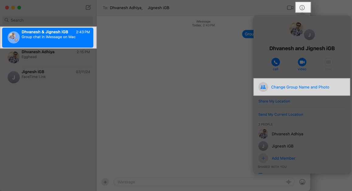 Accessing the Change Group Name and Photo option for a group chat in macOS Messages app.