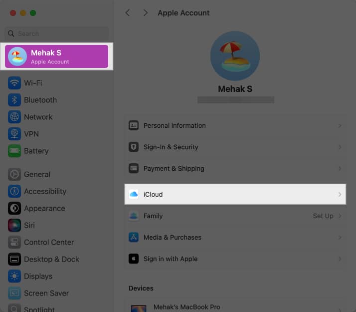Accessing iCloud settings in macOS System Settings.