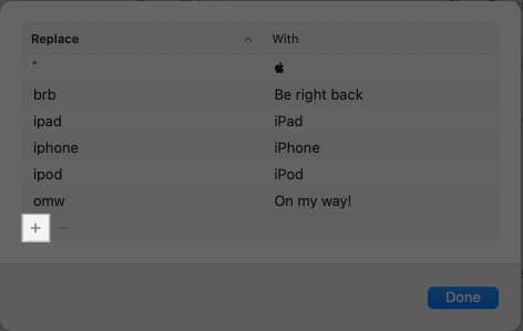 Creating a new Text Replacement shortcut on a Mac.