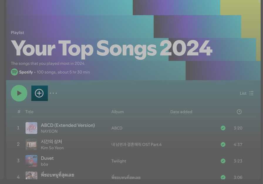 Saving Your Top Songs 2024 playlist on the Spotify app on a Mac.
