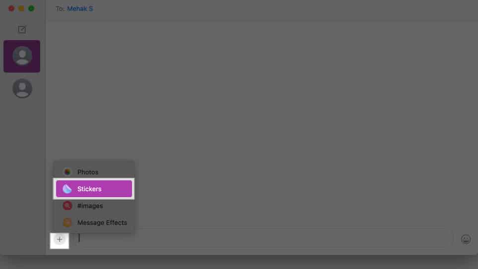 Accessing the Stickers option in the Messages app on a Mac.