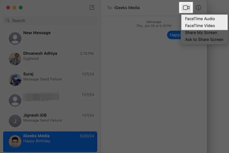 FaceTime Video and FaceTime Audio options in a conversation in macOS Messages app.