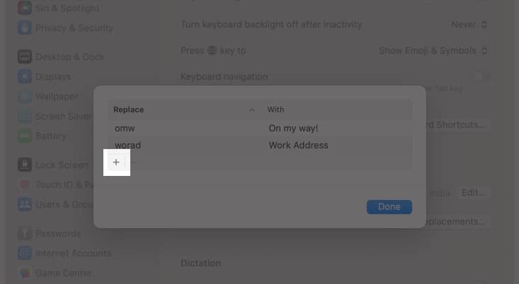 Creating a new Text Replacement on a Mac.