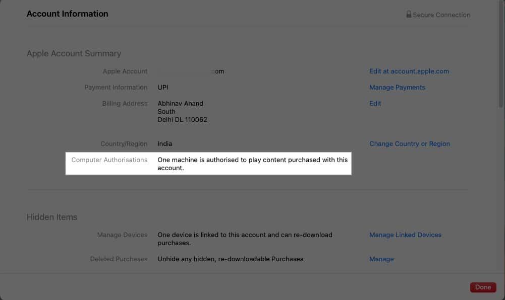 Checking all the authorized devices from the Apple Account settings on a Mac.