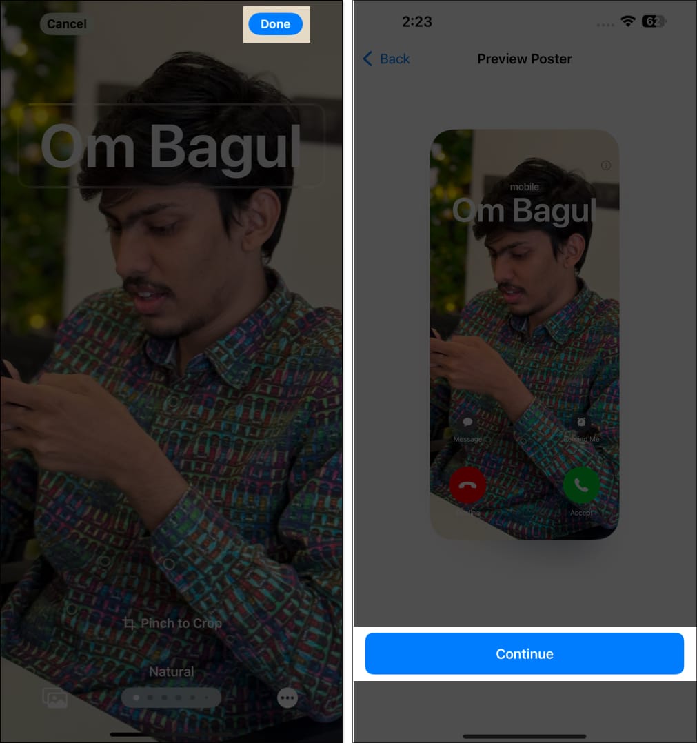 Customizing contact photo in Full Screen on iPhone.