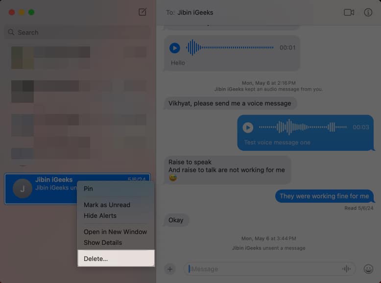 Deleting a conversation in the Messages app on a Mac.