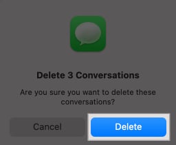 Delete Conversations prompt confirming deletion of multiple conversations in Messages app on a Mac.