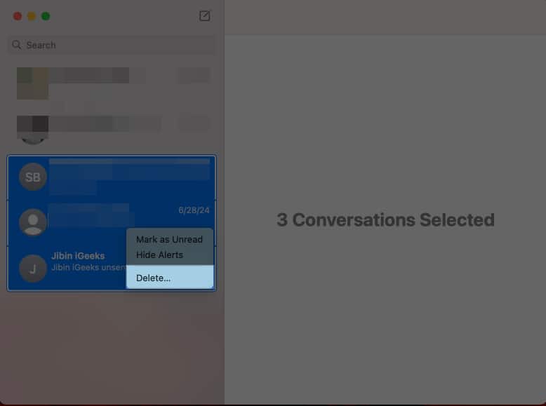 Selecting multiple message threads for deletion in the macOS Messages app.