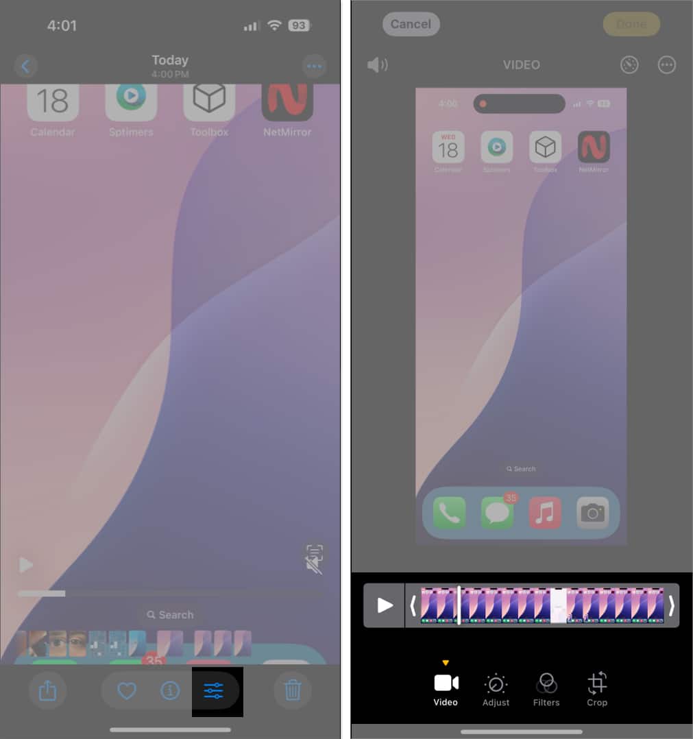 Editing recorded screen video on iPhone in Photos app.