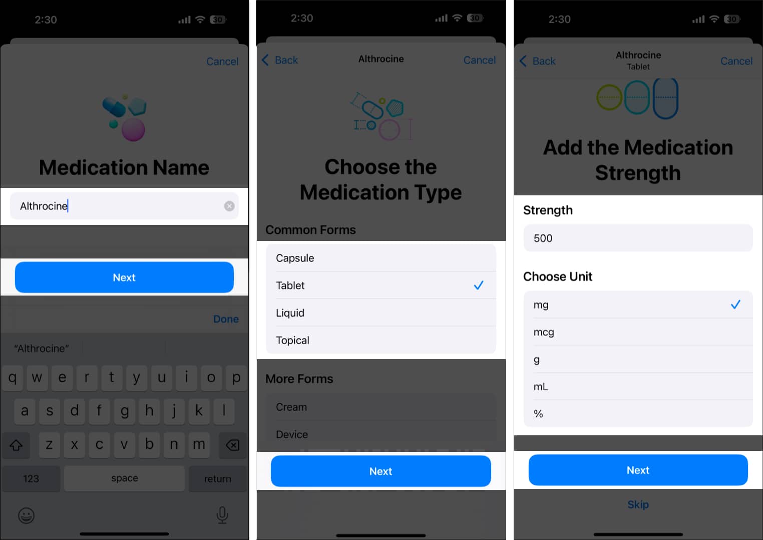 Entering medicine details for setting up a medicine schedule in iOS Health app.