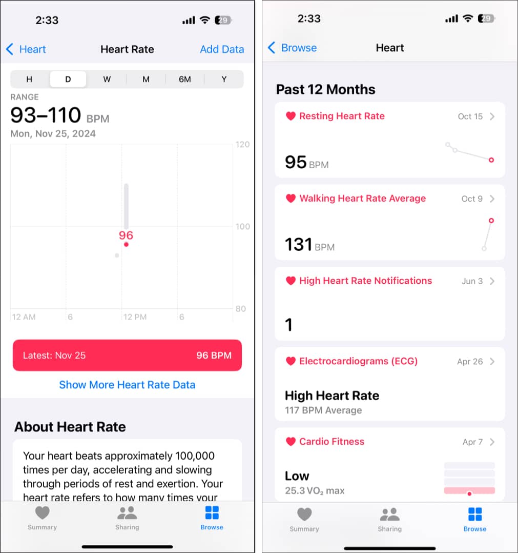 Checking heart rate details over days, weeks, and months in the Health app.