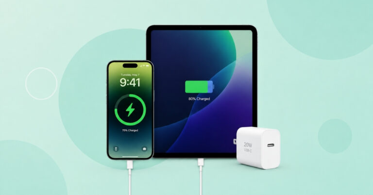 Smartphone and tablet plugged in for charging with a white USB-C wall charger on a mint-green background.