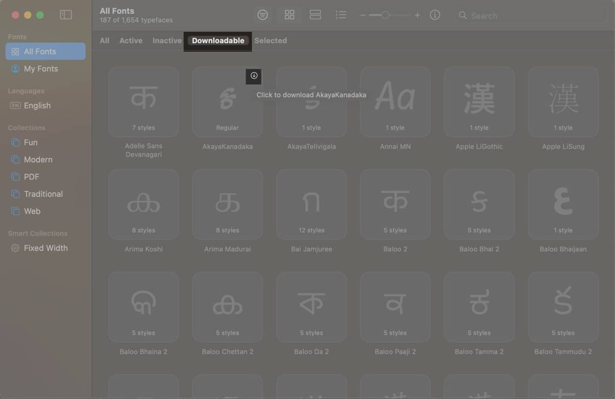 Downloadable tab in the Font Book app on a Mac.