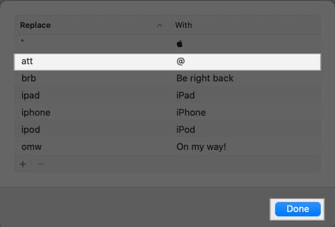 Newly-created Text Replacement shortcut alongside other shortcuts in macOS System Settings.