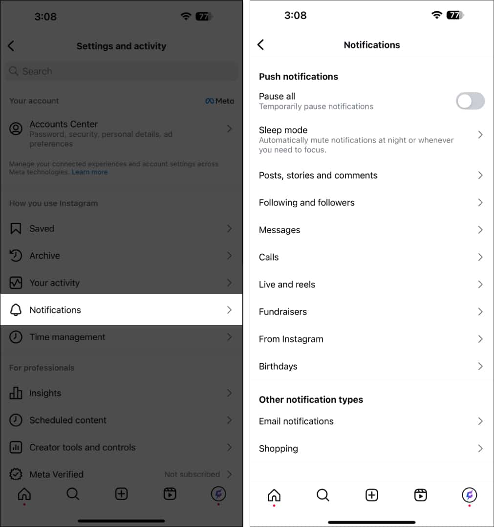 Accessing notification settings for an Instagram account on the iPhone app.