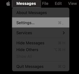 Accessing Messages app settings from the menu bar on a Mac.
