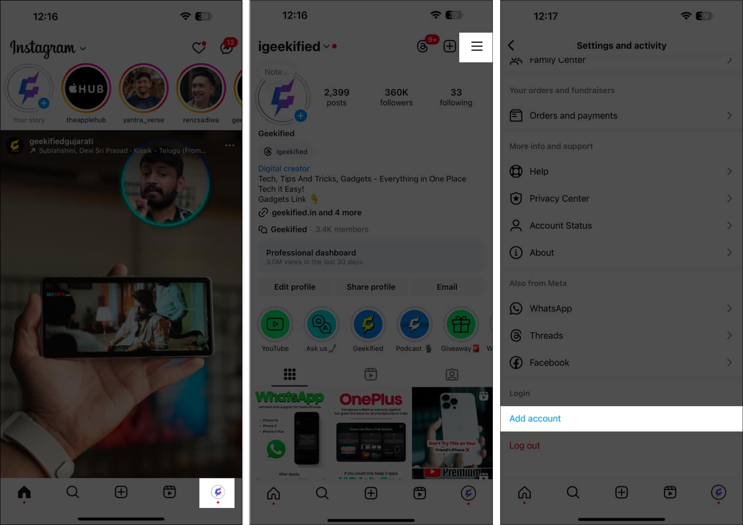 Accessing the Add Account option in the Instagram app on an iPhone.