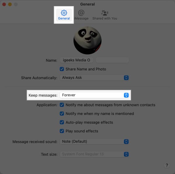 Accessing Keep Messages option in the Messages app settings on a Mac.
