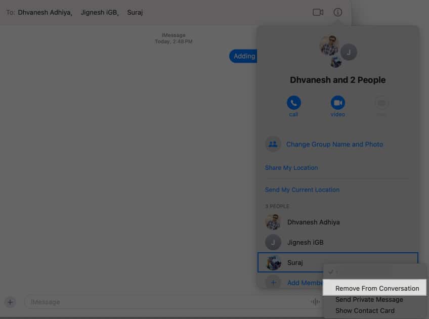 Removing a member from a group conversation in macOS Messages app.