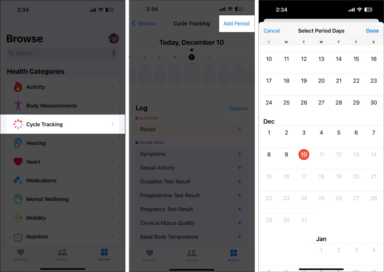 Adding a period in the Cycle Tracking feature on the Health app.
