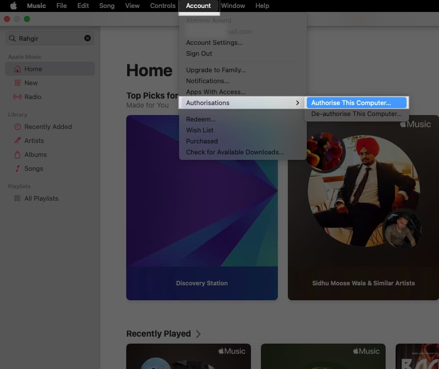 Authorizing a Mac for Apple Music.