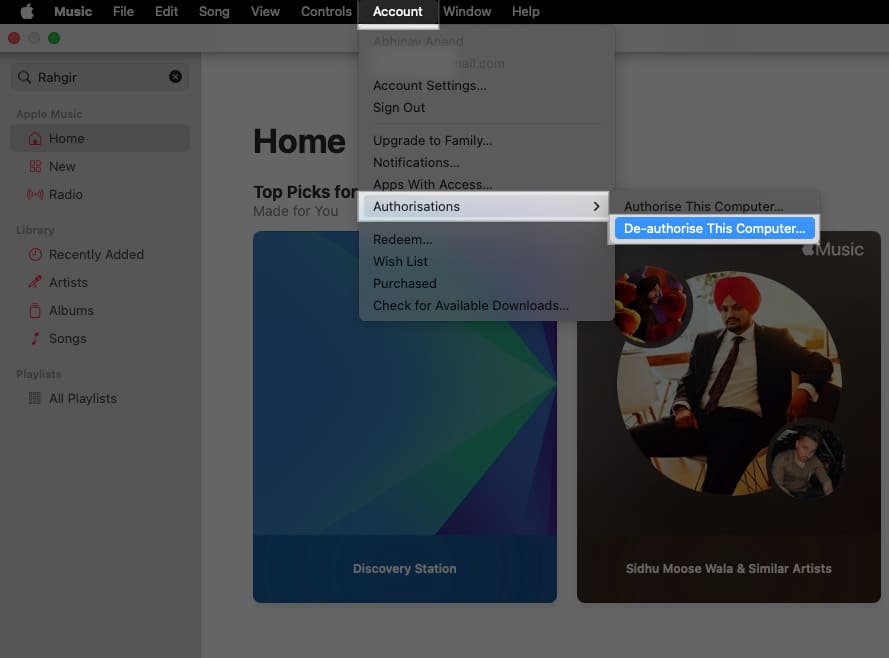 Deauthorizing a Mac from Apple Music.