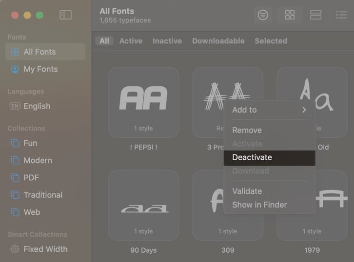 Deactivate option to remove a font from the Font Book app on a Mac.