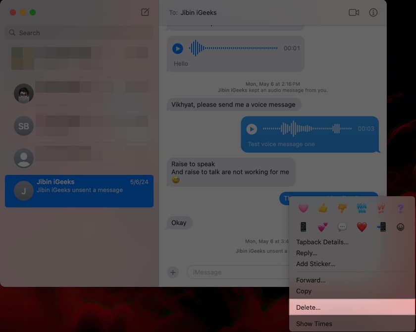 Deleting a message in the Messages app on a Mac.